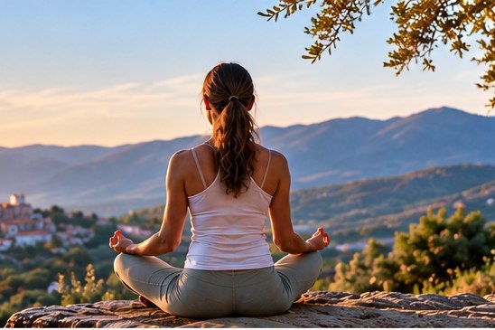 Méditation face aux collines, au soleil couchant