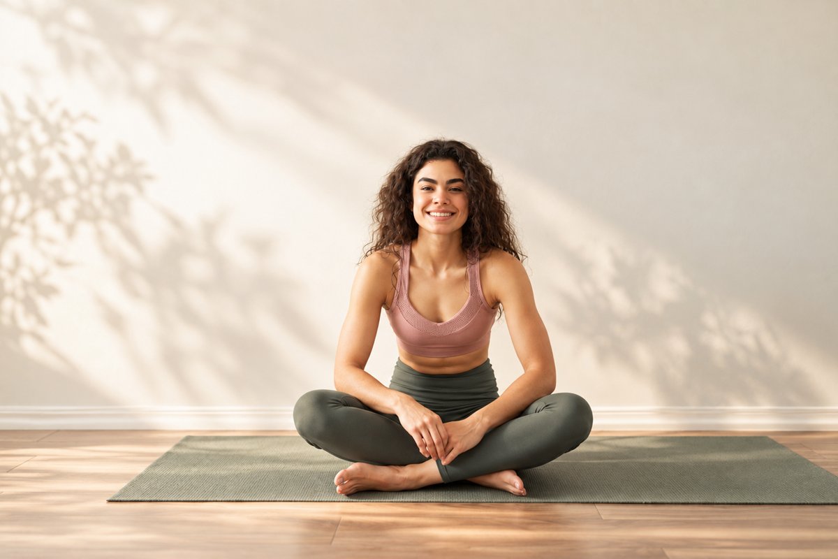 Pratiquante souriante assise en tailleur sur son tapis