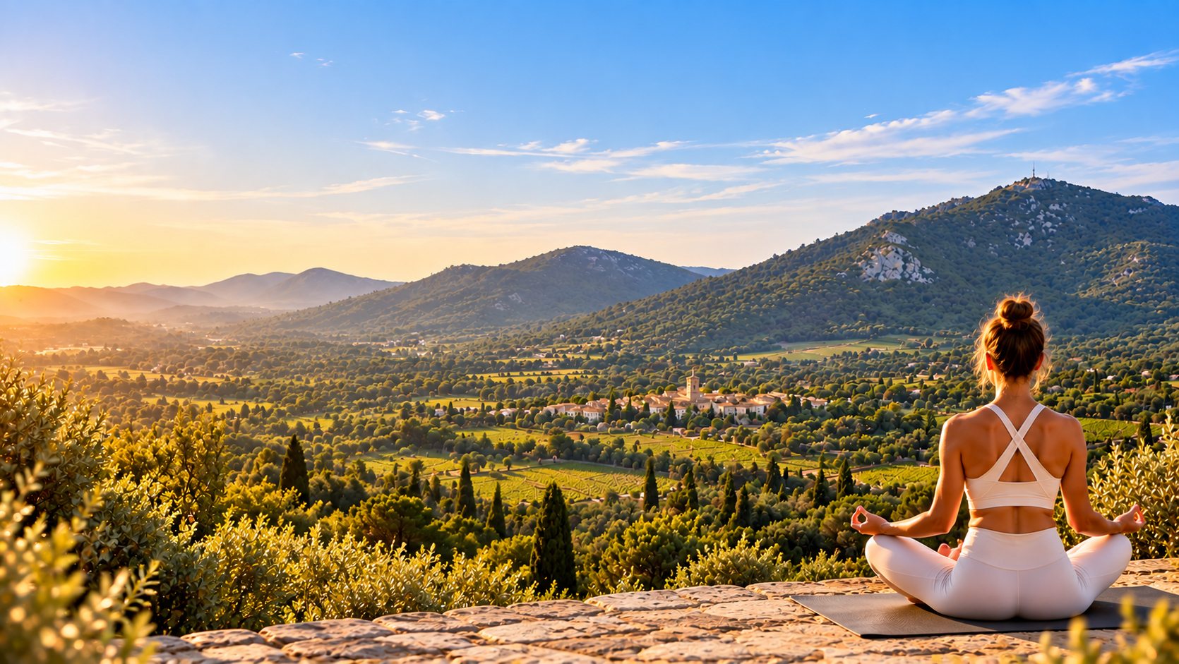 Séance de méditation face aux collines du Plan-de-la-Tour, au soleil levant