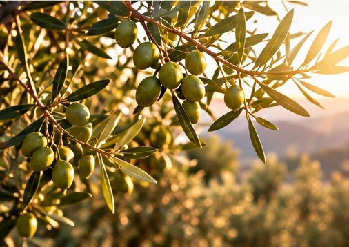 Branche d'olivier chargée d'olives au soleil couchant