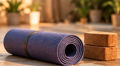 Tapis de yoga roulé et briques en liège