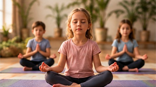 Trois enfants en posture de méditation